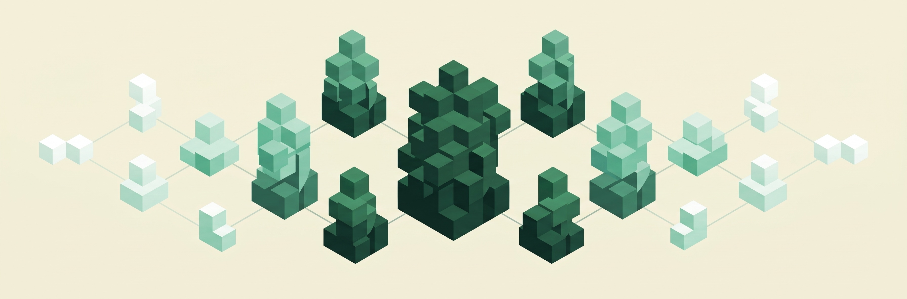 A network of cube clusters, solid in the centre and fading to nothing at the edges