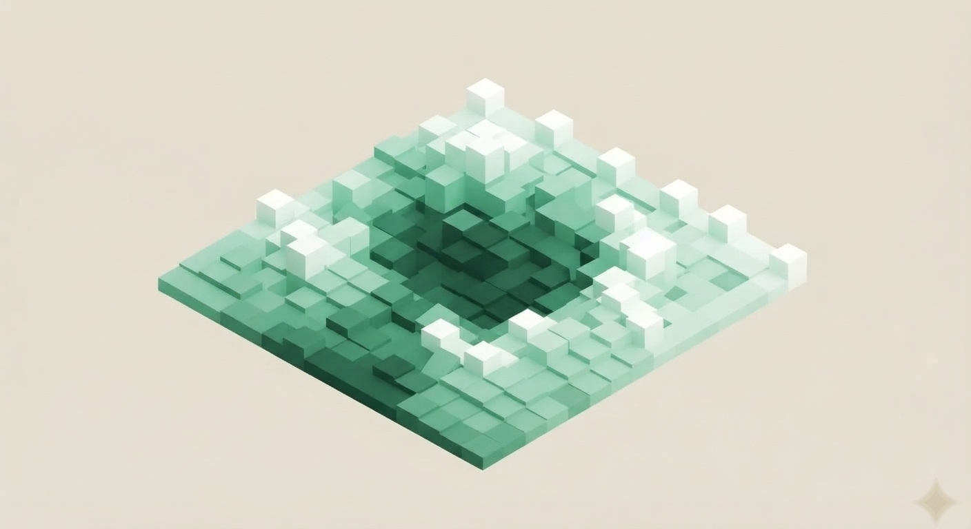 A wide field of pale cubes with a dark green hollow at its centre