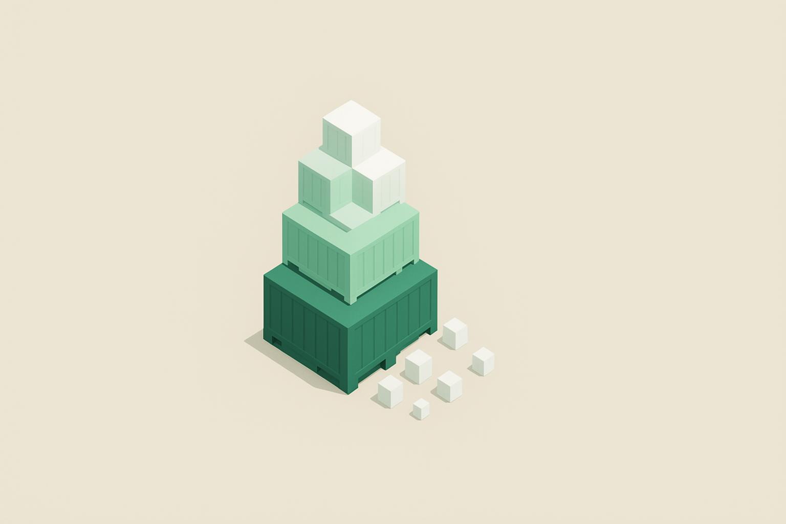 A stack of shipping containers, one corner breaking into loose white cubes
