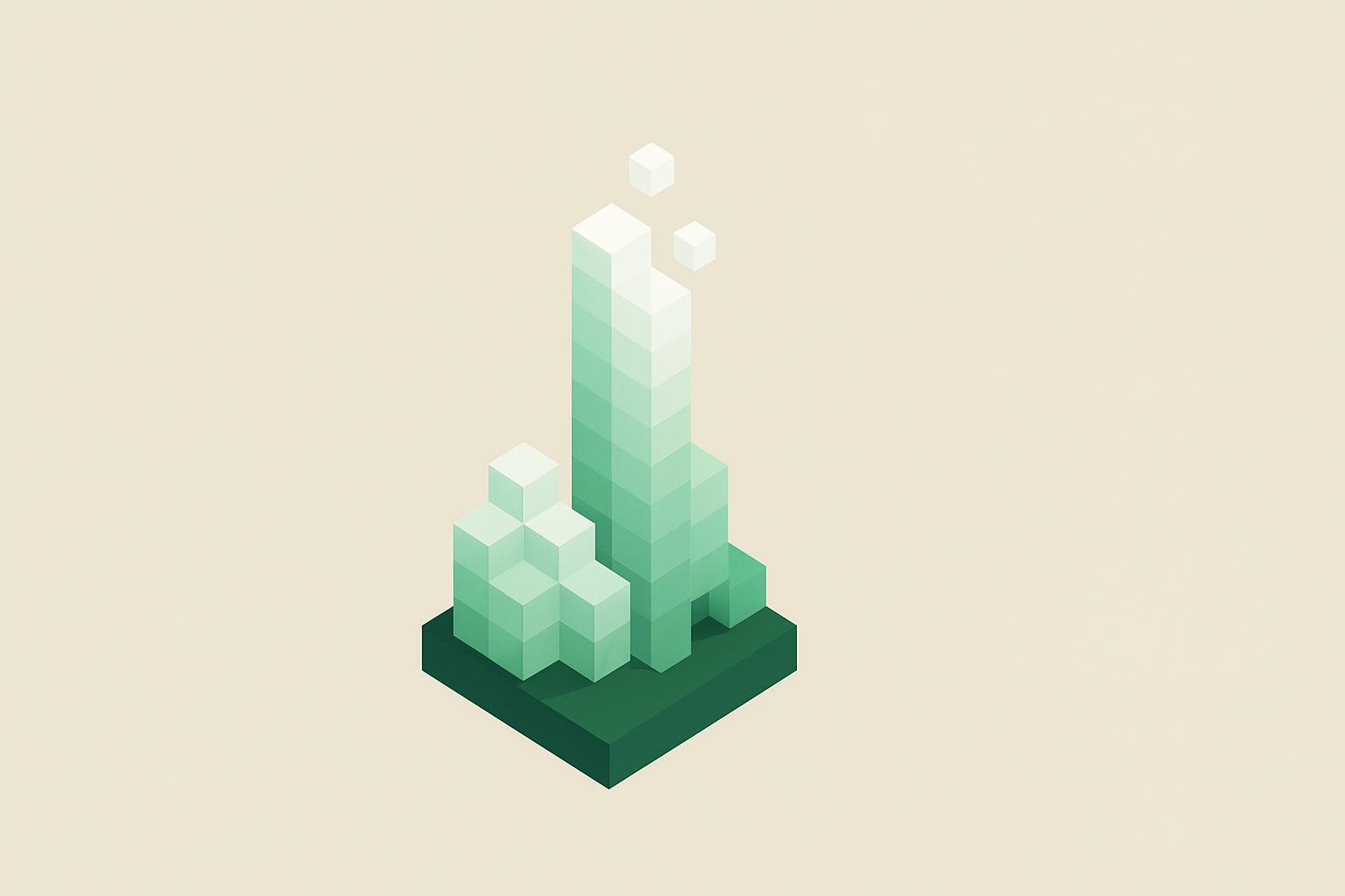 A small city block built from cubes, its top floors turning white and drifting apart