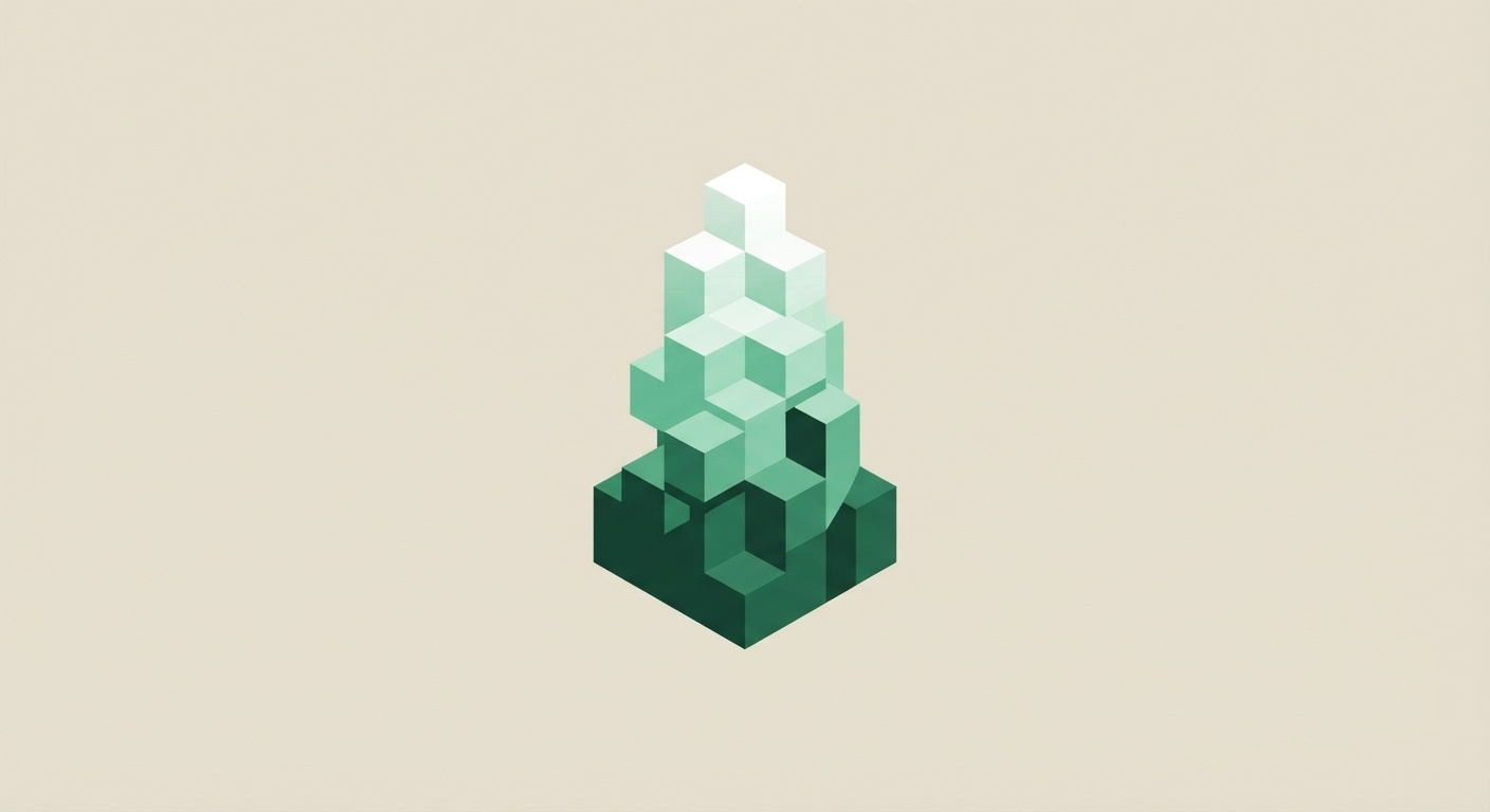 A stepped tower of cubes rising from a dark green base to a white top